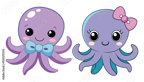 Kawaii octopus with tiny bow and wide smile, pastel tentacles and bubbles, photorealistic vector isolated on transparent background, AI Generative