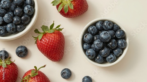 Fresh strawberries and blueberries arranged on a light beige background.