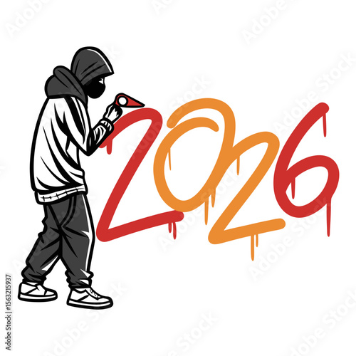 Hooded figure spray painting dripping numbers graffiti