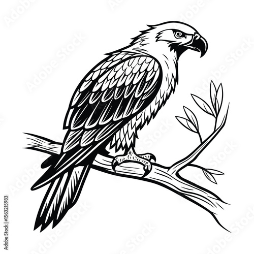 Bird perched on branch black and white digital illustration