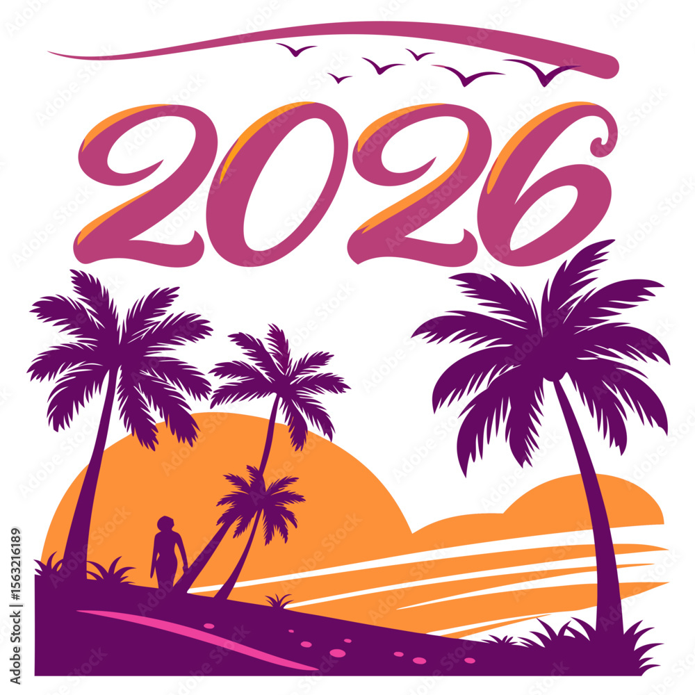 Naklejka premium Tropical sunset with palm trees and year beach