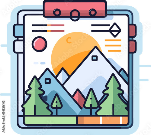 Vibrant Mountain Landscape Illustration with Trees and Sun