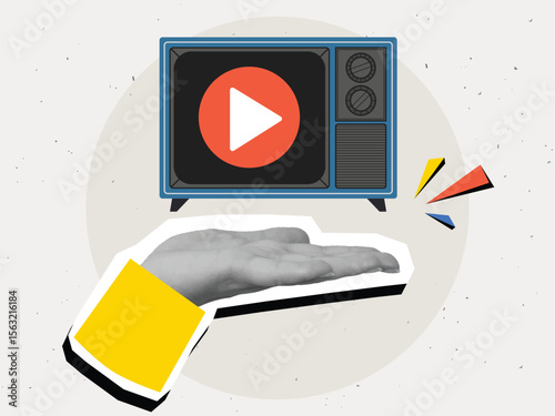Black and white hand holding a retro TV with play button on screen. Modern collage style. Vector illustration