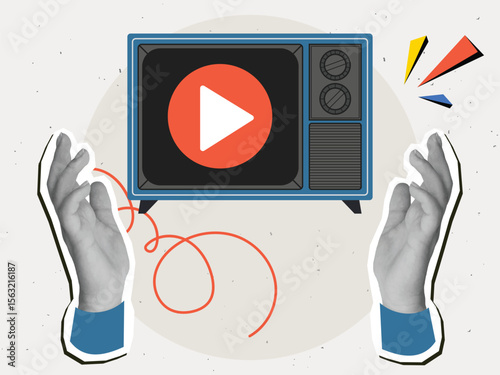 Black and white hands with a retro TV with play button on screen. Modern collage style. Vector illustration