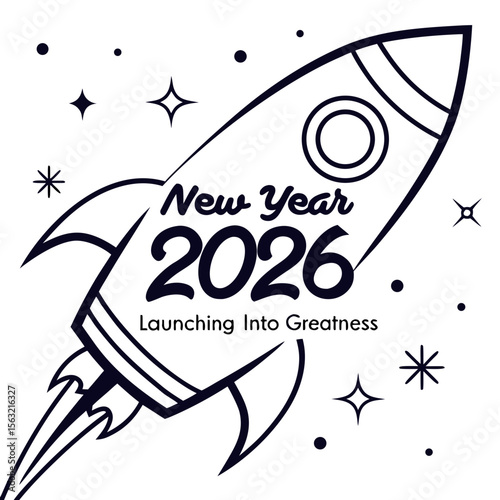 Rocket ship launching into new year celebration typography