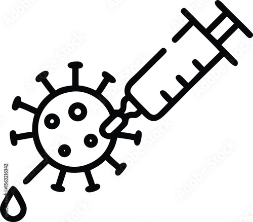 Line art syringe injecting virus particle with a drop of liquid falling