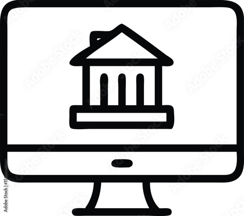 Line drawing of bank building on a monitor for website or app design