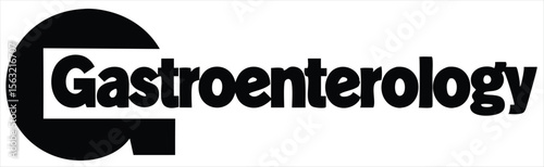 Bold black text spelling gastroenterology with a stylized g icon in a clean minimalist design isolated on white background. Ideal for use in hospital signage, healthcare apps, patient information