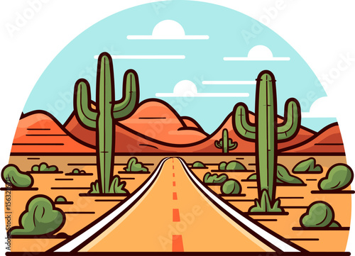 Desert Road with Cacti and Mountains Landscape Illustration
