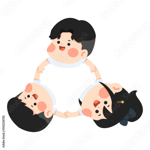 Cartoon People Holding Hands in Triangle Shape
