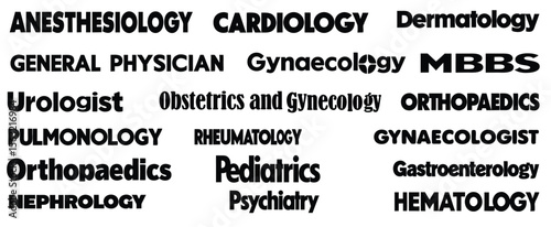 Collection of medical specialties and professions in bold black text isolated on a white background representing healthcare fields 