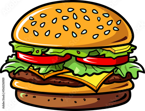 Delicious Cartoon Burger with Fresh Ingredients and Tasty Sauce