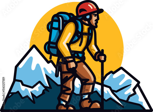 Mountain Hiker Adventure: Conquering Peaks with Backpack and Trekking Pole