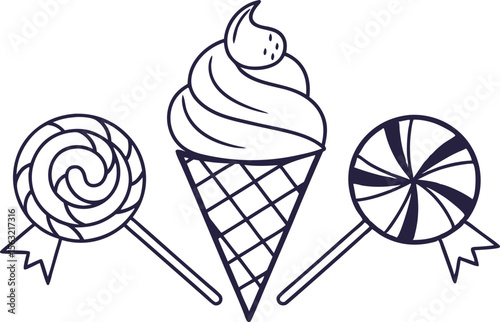 Ice Cream and Dessert Treats Set Featuring Cones Sundaes and Sweet Pastries. Delicious Dessert and Ice Cream Collection for Summer Snacks and Bakery Use. Colorful Ice Cream and Dessert Illustration