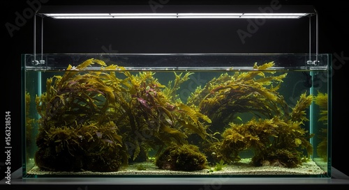 Aquarium filled with seaweed and sandy substrate, illuminated by an overhead light against a dark background.