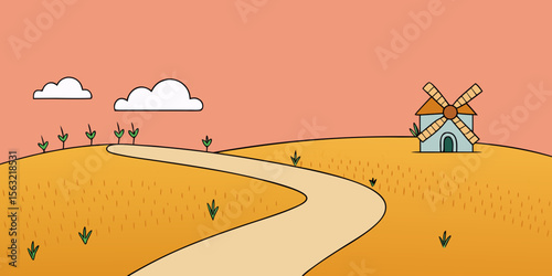 Serene Countryside Winding Road to a Rustic Windmill