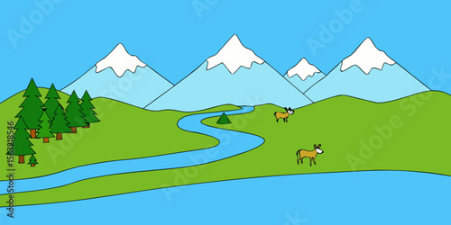 Serene Mountain River Landscape Peaceful Nature Illustration