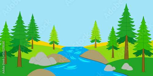Serene River Landscape Tranquil Pines and Flowing Water
