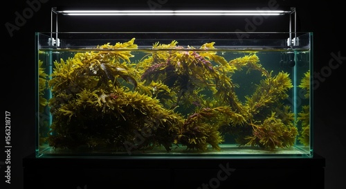 A clear glass aquarium filled with brown and maroon seaweed is illuminated by a bright light, set against a black background.