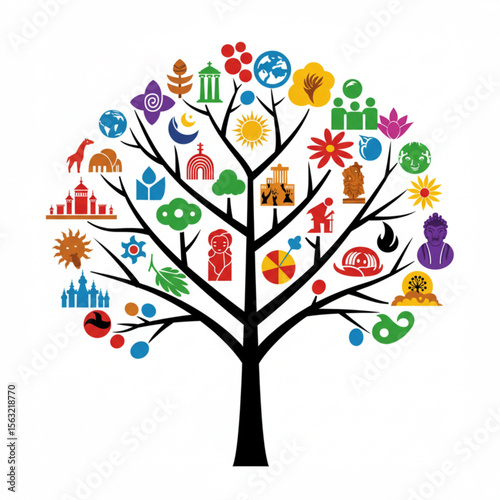 diversity tree symbol. Colorful knowledge tree with icons representing education and culture on a white background for learning concept