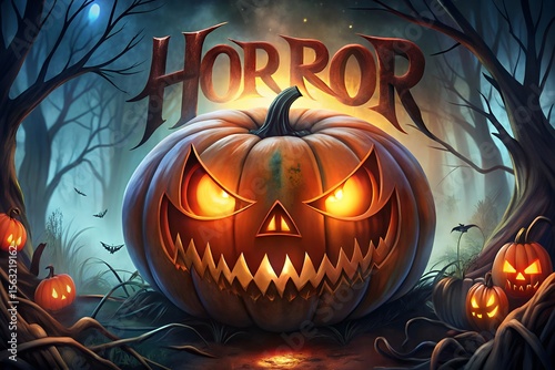 Spooky halloween night with a giant carved pumpkin glowing in a dark forest under a full moon with bats flying