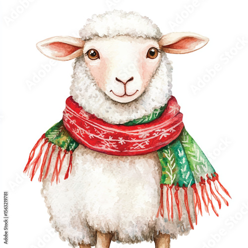 Watercolor Sheep in Festive Winter Scarf