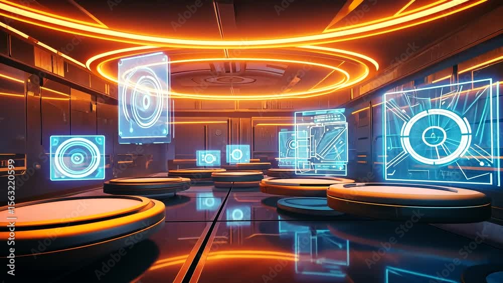 Futuristic digital control room with glowing interfaces and holographic displays in a sleek environment