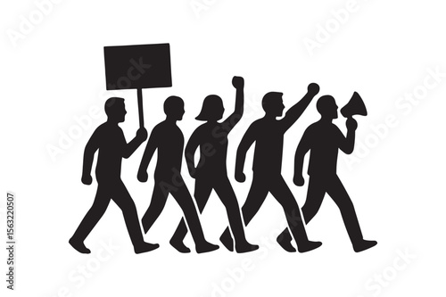marching crowd silhouette vector art illustration on white background
