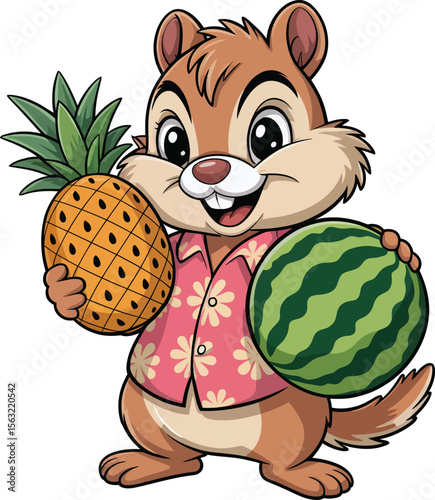 Cute cartoon chipmunk wearing a hawaiian shirt holding pineapple and watermelon