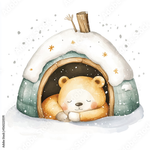 Watercolor Sleeping Bear in a SnowCovered Igloo with Falling Snowflakes