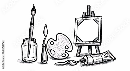 Hand Drawn Sketch of Art and Painting Supplies Illustration