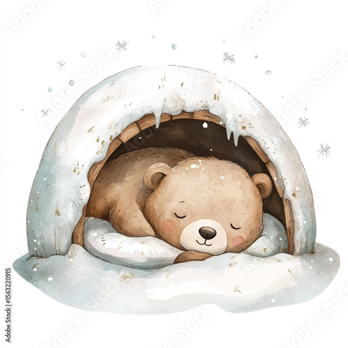 Watercolor Sleeping Bear in Snow Covered Igloo with Falling Snowflakes