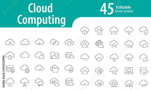 Cloud Computing Line Icons, Cloud Storage, Data Sync, Server, Upload, Download, Editable Formats: AI, EPS, JPG, PNG, Ideal for Both Digital and Print Use
