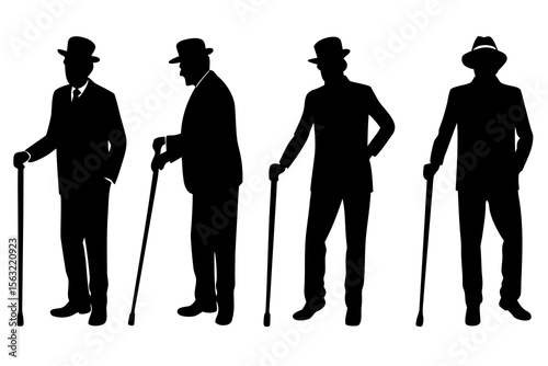 set of Elderly Man Holding Cane silhouette vector illustration