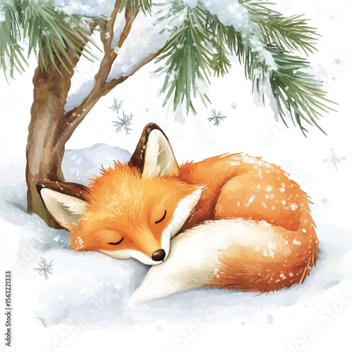 Watercolor Sleeping Fox Under Snowy Pine Branch