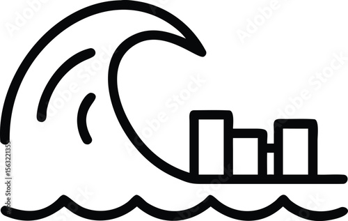 Minimalist line art of tsunami wave approaching buildings near ocean