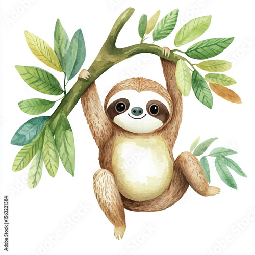 Watercolor Sloth Hanging from a Branch with Green and Yellow Leaves