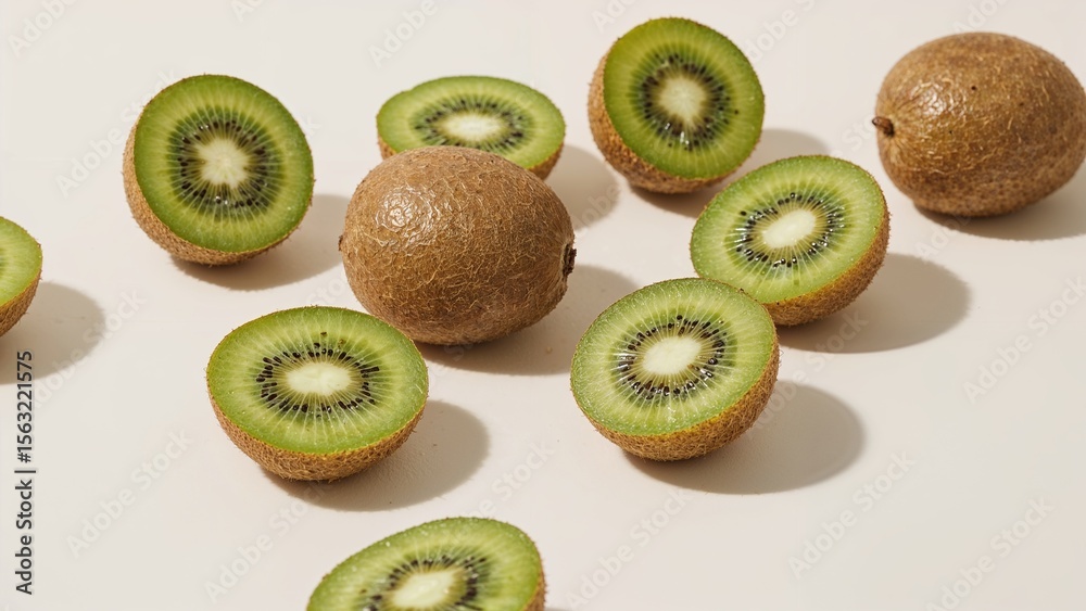 Fototapeta premium Kiwi slices scattered on a light background.