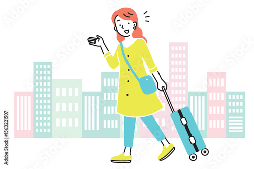 キャリーケースを持って旅行する女性とビルのイラスト