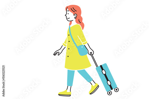 キャリーケースを持って旅行する女性の横から見たイラスト