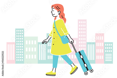 キャリーケースを持って旅行する女性とビルのイラスト