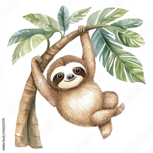 Watercolor Sloth Hanging from a Tropical Tree Branch with Green Leaves