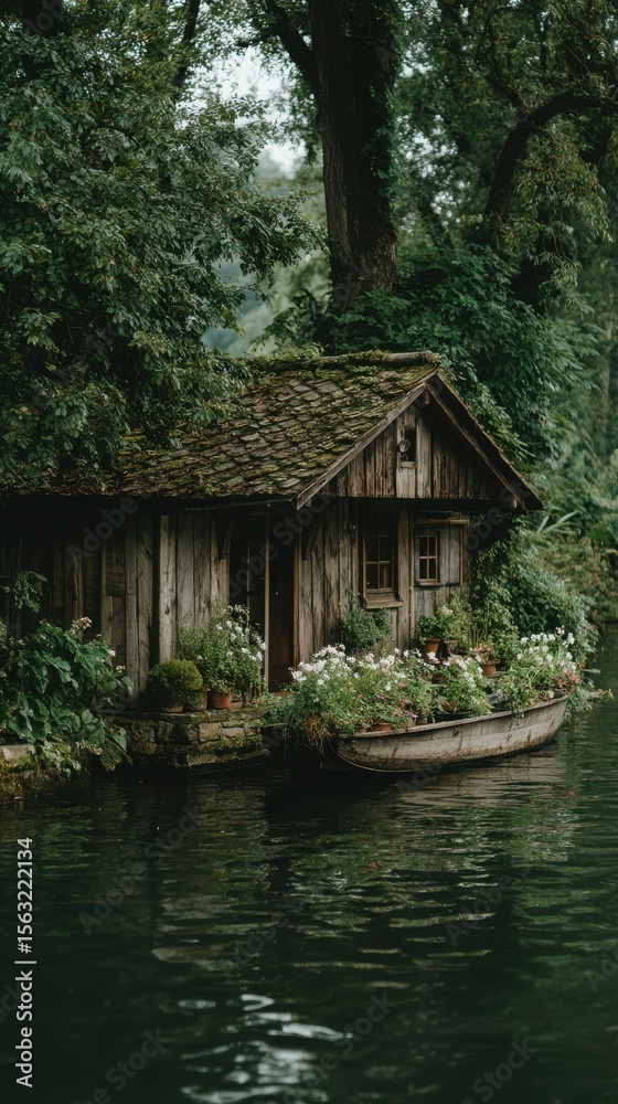 Fototapeta premium Small Cozy Houseboat on Calm Water for Relaxation and Escape