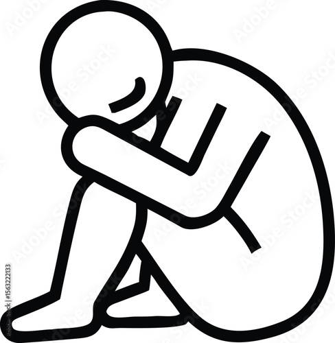 Minimalist outline of curled up figure with simple facial expression graphic