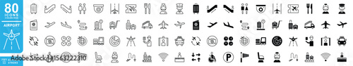 Airport vector line icon set. Contains linear outline icons like Plane, Ticket, Baggage, Seat, Wifi, Bag, Departure, Passport, Transport, Luggage, Airplane. Editable stroke