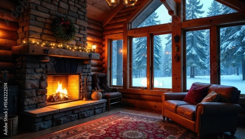 A cozy cabin scene bathed in the warm glow of a fireplace, snow falling gently outside Perfect for winter, holidays, and Canadian themes , lights, canada