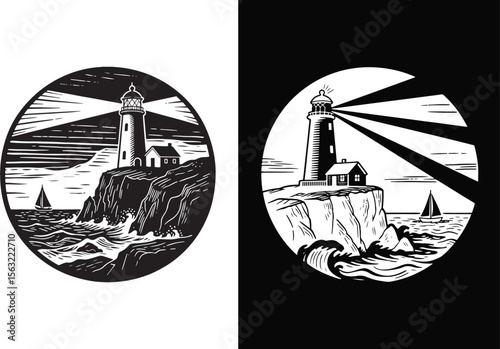 Lighthouse on a cliff overlooking the ocean with a sailboat and waves