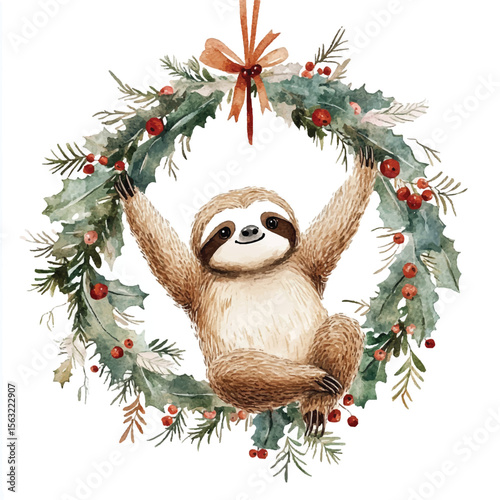 Watercolor Sloth Hanging from Festive Christmas Wreath with Red Berries