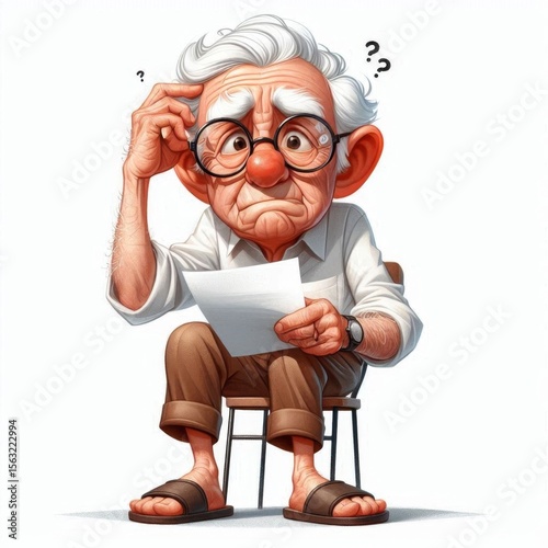 An elderly man looks puzzled while reading a mysterious document closely