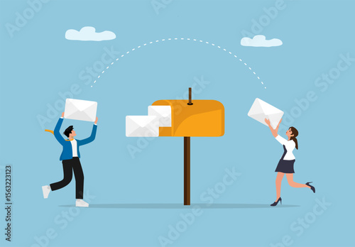 Business Team Sending Emails to Mailbox. Vector Illustration of Office Workers with Envelopes Communicating via Digital Message Delivery Concept